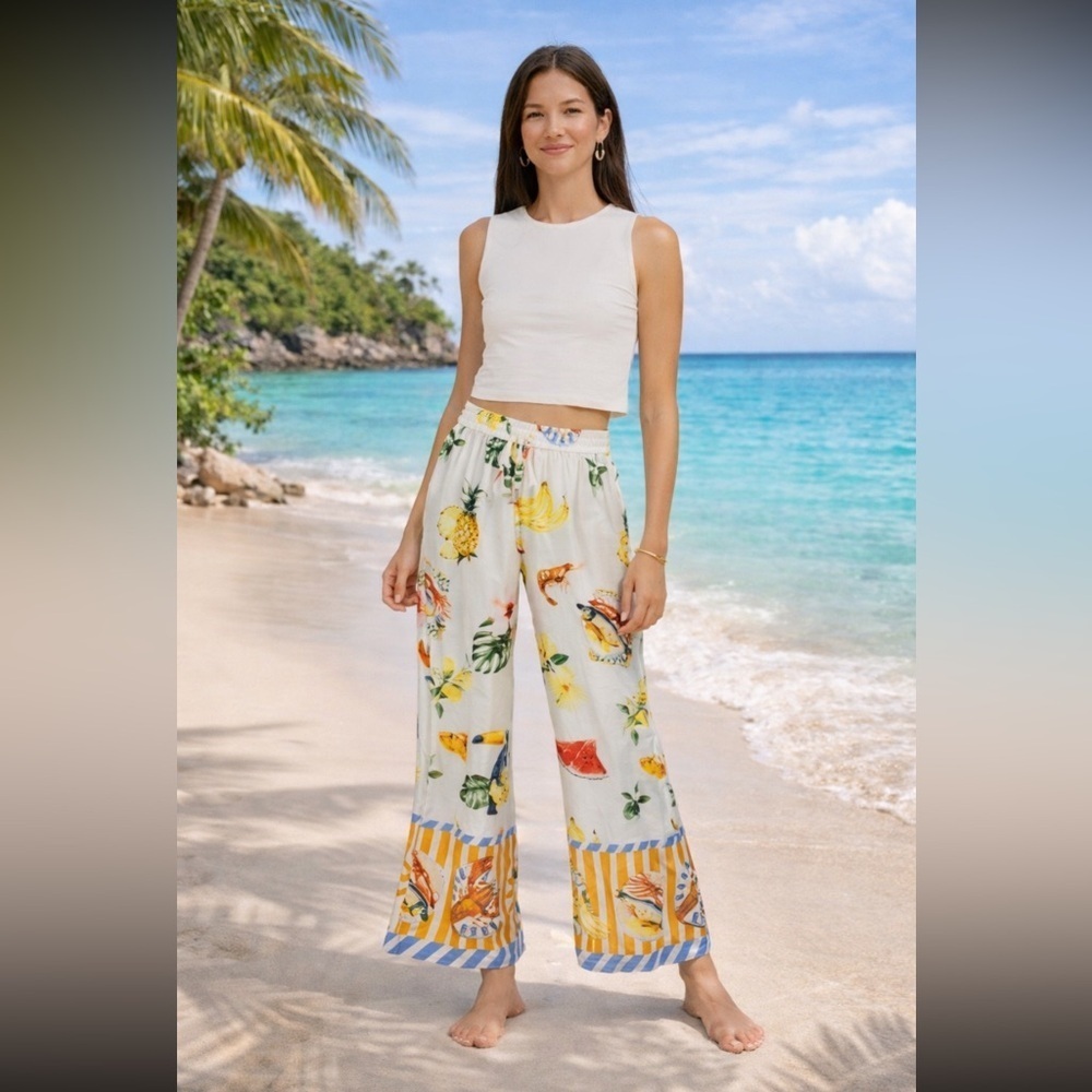 Bailey 44 White Wide-Leg Tropical Print Pants with Yellow & Blue Accents